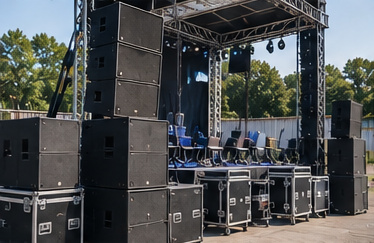 PA speakers, flight cases and an empty stage prepared for an event