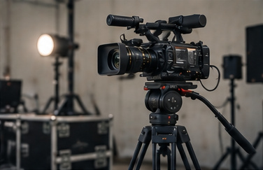 A professional video camera on a tripod beside lighting and equipment cases
