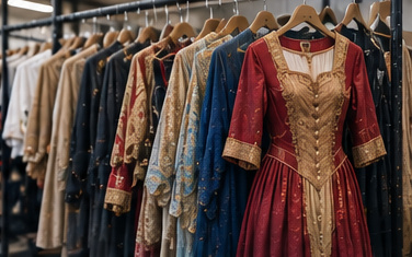 Theatrical clothing and costumes hanging on a garment rail