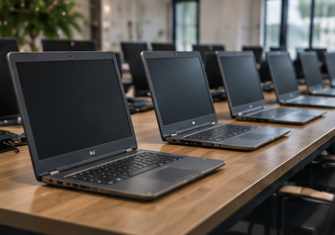Rows of rental laptops with inactive screens on preparation tables