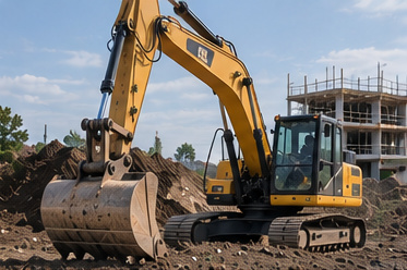 A parked excavator with its bucket resting on the ground at a construction site