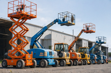 A row of parked aerial lifts and access equipment in a rental yard