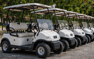 A row of parked golf carts in a rental fleet
