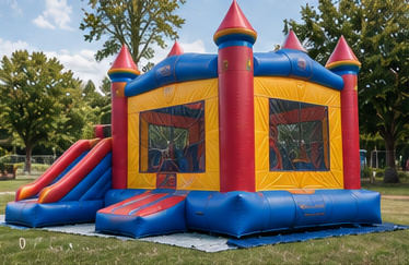 An empty colourful bounce house with a slide and ground cover on a lawn
