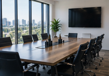 An empty meeting room with a conference table, chairs and wall-mounted display