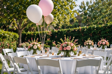 An outdoor party setting with white tables, chairs, flowers and balloons