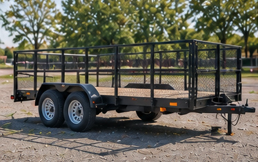 An empty tandem-axle utility trailer with mesh sides and a timber deck