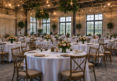 An empty event venue arranged with round tables, chairs and overhead lights